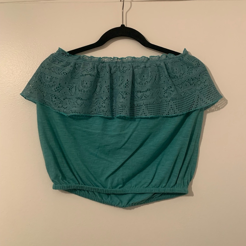 Blue/Green strapless crop top. Size Medium